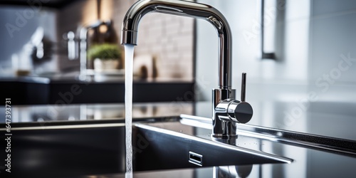 stainless steel faucet with runing water in the kitchen, problem use of water.Generative AI