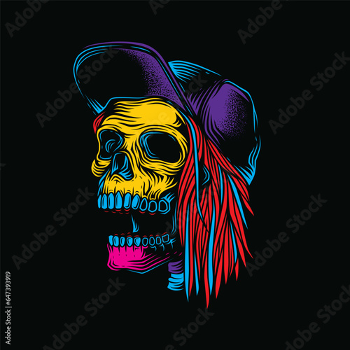 Original vector illustration in neon style. Skull rocker in a baseball cap with hair on one side.