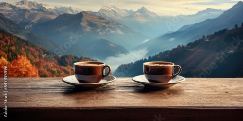 Two cups of aromatic coffee against the backdrop of the mountains, Generative AI