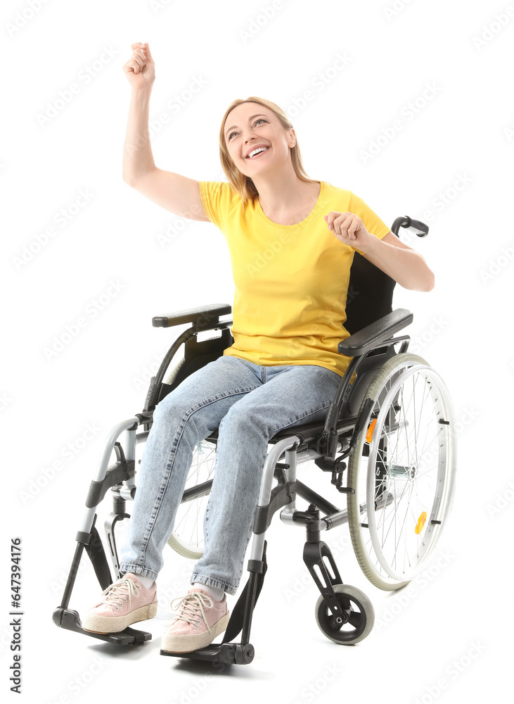 Happy mature woman in wheelchair on white background Happy mature woman in wheelchair on white background