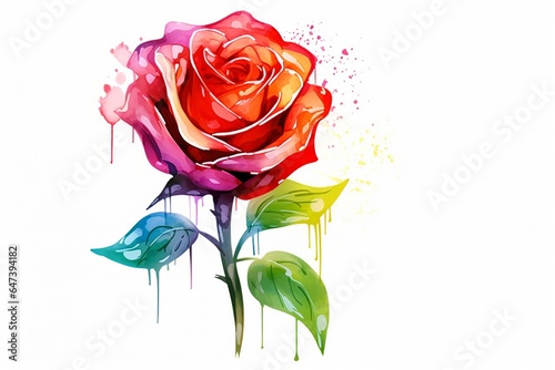 Watercolor red rose on white background