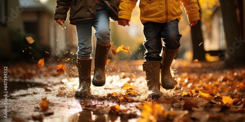 Little children run through puddles on sunny autumn day. Generative AI © 22_monkeyzzz
