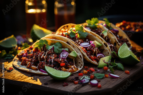 A street food cart serving mouthwatering vegan street tacos filled with plant-based protein, fresh salsa, and tangy lime, tempting passersby with their delicious aroma | ACTORS: Vegan Street Tacos Car