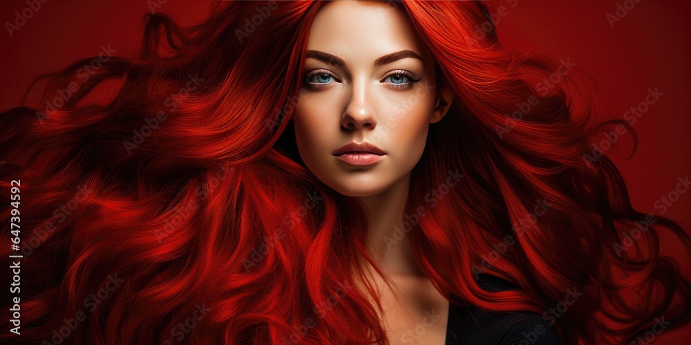 Woman with red hair on a red background, advertising shampoo. Generative AI
