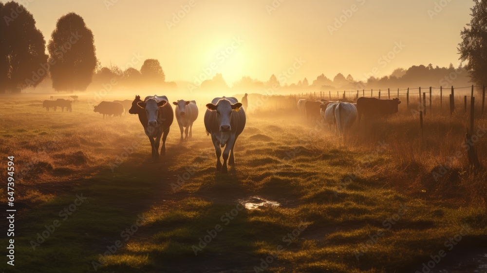 Cows being herded in the pasture at sunrise
