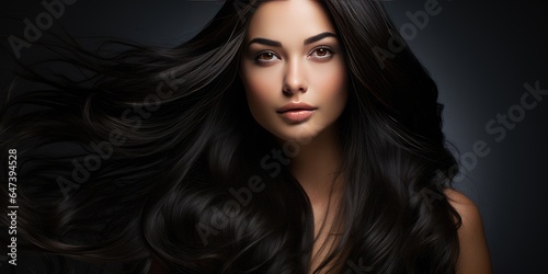 young brunette girl has beautiful and healthy hair. Dark background. Generative AI