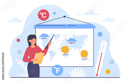 Woman with weather forecast concept. Young girl with pointer near map with sun and rain. Meteorologist at workplace with thermometer. Celsius and fahrenheit. Cartoon flat vector illustration