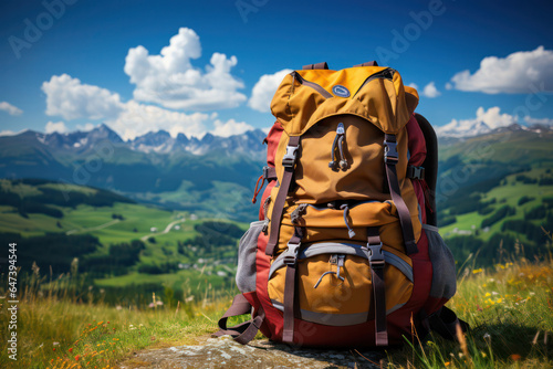 A backpack placed on the ground amidst a lush green meadow, with a winding trail leading into the distant mountains, capturing the essence of outdoor exploration and the anticipation of embarking on a