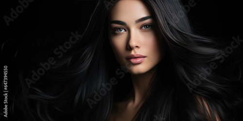 young brunette girl has beautiful and healthy hair. Place for text. Generative AI