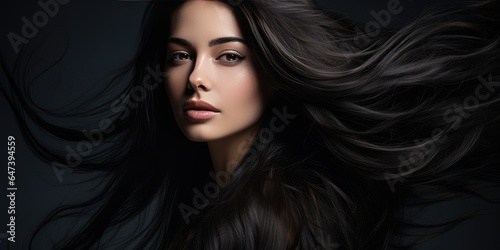 young brunette girl has beautiful and healthy hair. Dark background. Generative AI