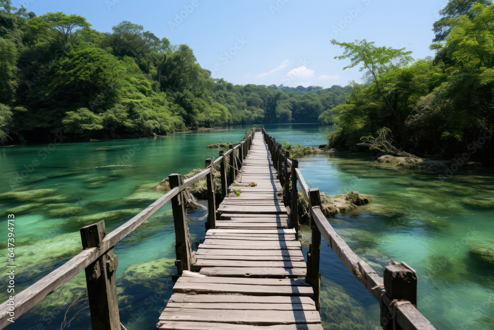 A backpack resting on a wooden dock, with a crystal-clear river flowing beneath and a dense forest enveloping the surrounding landscape, inspiring individuals to venture out and discover the hidden wo