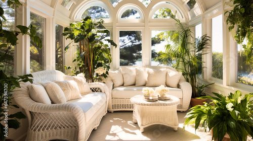 Sunrooms filled with white wicker furniture and sheer curtains