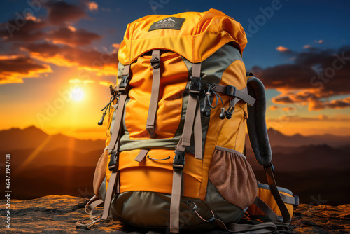 A backpack placed on a rocky outcrop overlooking a vast mountain range, with the first rays of the sun illuminating the peaks and casting a warm glow, signaling the start of a new day filled with adve