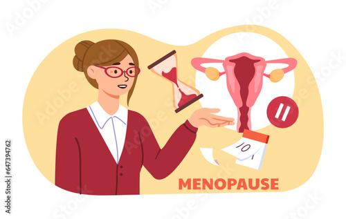 Woman with menopause concept. Anatomy and biology. Ovulation and fertility. Medical infographic and educational materials. Poster or banner for website. Cartoon flat vector illustration