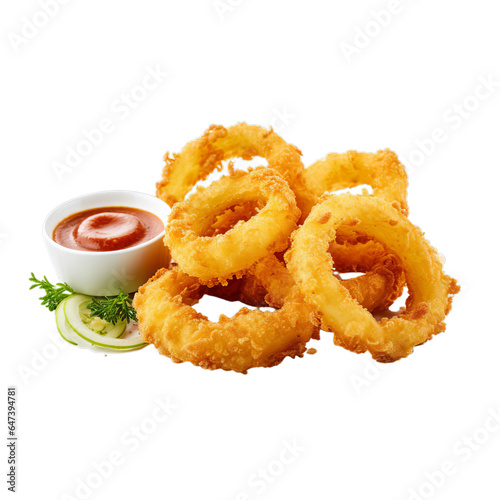 A delicious stack of crispy onion rings with a side of flavorful dipping sauce