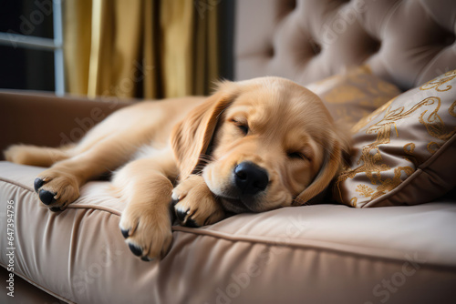 A tender close-up of a sleeping puppy's face, capturing its adorable snoozing expression and showcasing its soft and fluffy fur. | ACTORS: Puppy | POSITION: Sleeping | CAMERA MODEL: Sony A7R IV | CAME