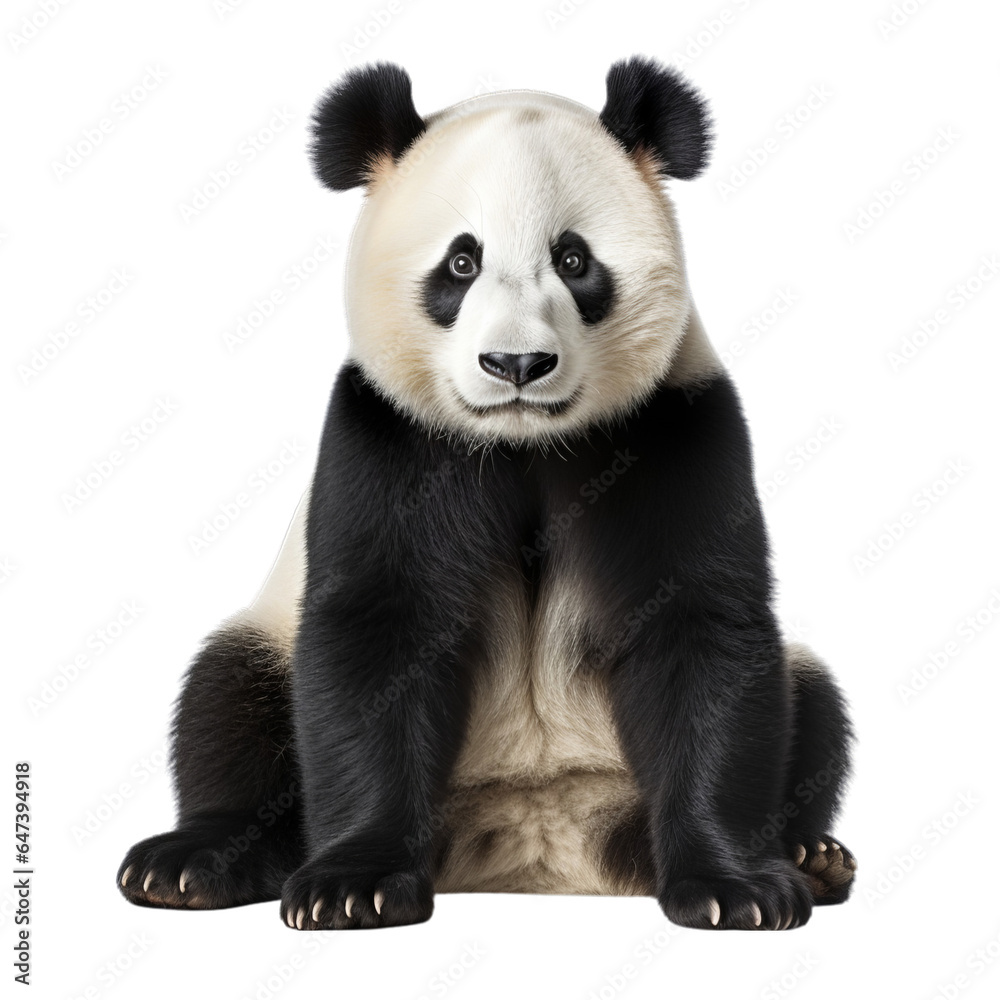 A panda bear sitting down in black and white