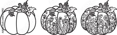 3 styles of pumpkins for coloring page, engraving, t shirt design, laser cut and so on. Halloween, thanks giving, autumn, fall concept. Vector illustration.
