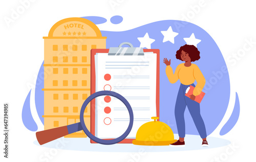 Woman check hotel concept. Young girl with magnifying glass near document. Online booking service and mobile application. Travel and tourism occupation. Cartoon flat vector illustration