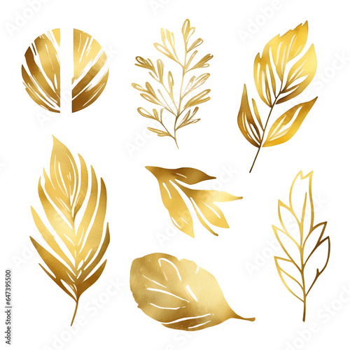 Set gold leaves isolated on white background for design, print