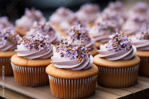 Cupcakes adorned with delicate edible flowers and floral designs, embodying a sense of beauty and refinement | ACTORS: Floral Cupcakes | LOCATION TYPE: Garden | CAMERA MODEL: Nikon Z7 | CAMERA LENS: 1