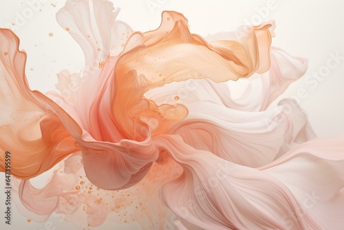 Explosive mixture of fluid in white hues with gold and rose gold colors on a plain background. Generative AI