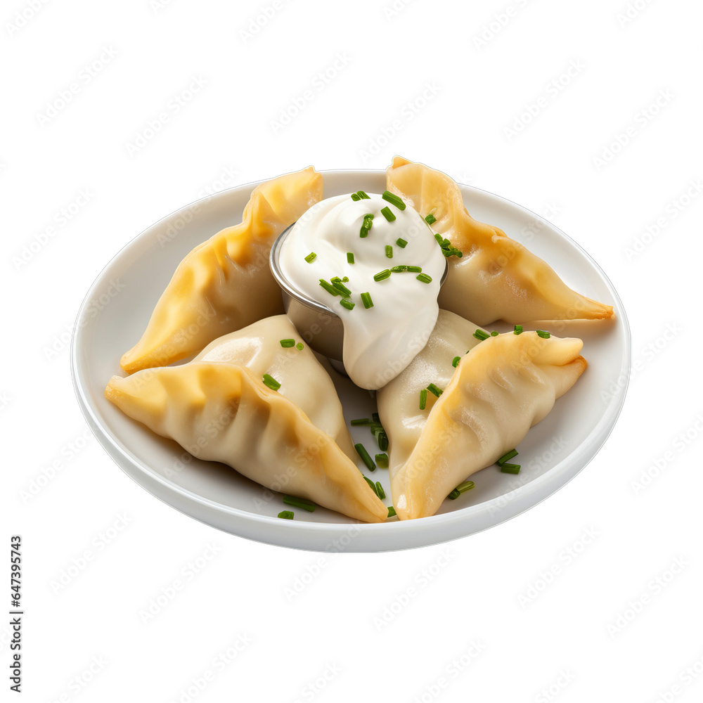 Delicious dumplings with a creamy topping served on a white plate Delicious dumplings with a creamy topping served on a white plate