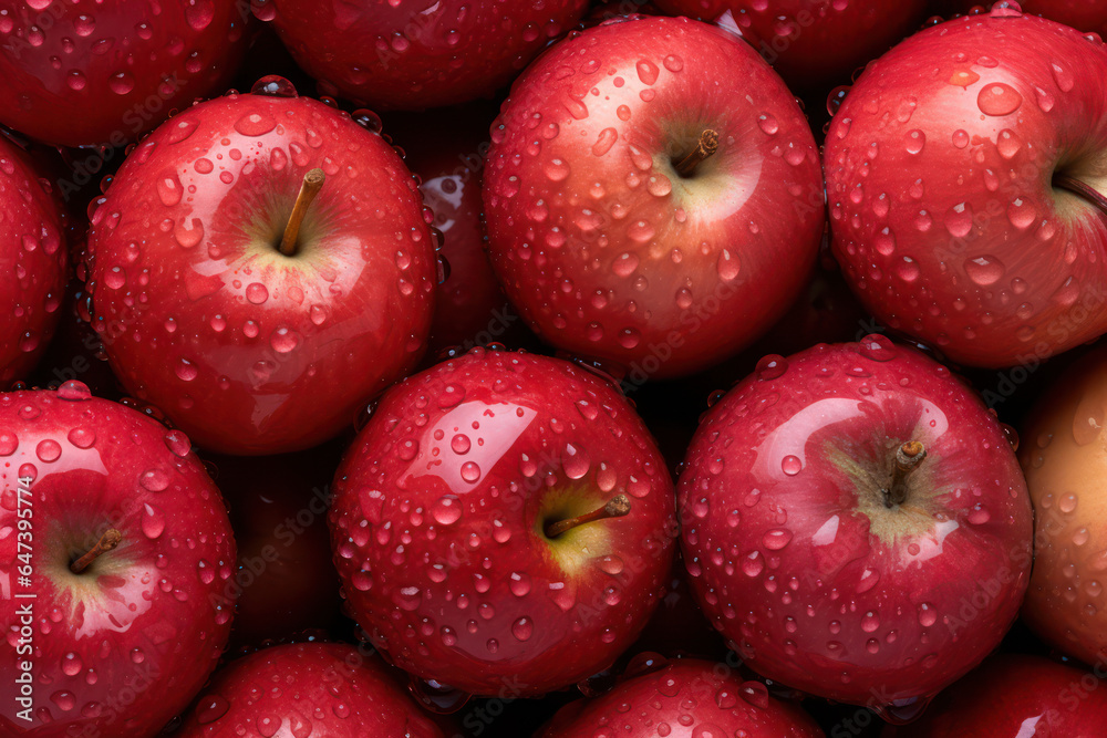 A macro shot of dewdrops on a pile of freshly picked apples, highlighting their natural freshness and capturing the essence of nature's bounty. | ACTORS: Apples | CAMERA MODEL: Canon EOS 5D Mark IV | A macro shot of dewdrops on a pile of freshly picked apples, highlighting their natural freshness and capturing the essence of nature's bounty. | ACTORS: Apples | CAMERA MODEL: Canon EOS 5D Mark IV |