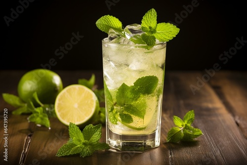 Refreshing mojito garnished with ice, mint, and lime; perfect for hot summer days. Generative AI