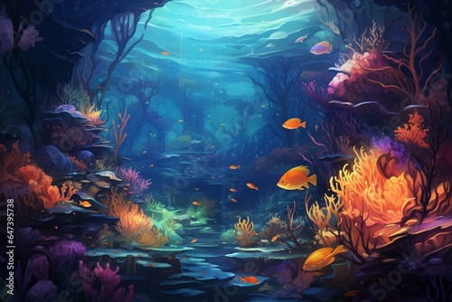 Captivating underwater art with vibrant seascape and marine creatures. Generative AI