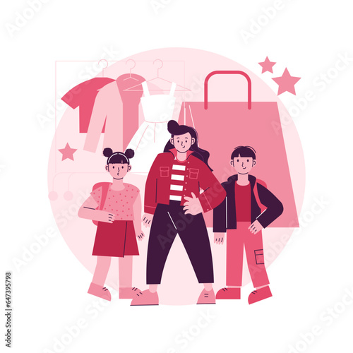 Kids fashion abstract concept vector illustration. Kids stylish outfit, baby style showroom, children clothes market, youth fashion industry, junior model, handmade accessories abstract metaphor.