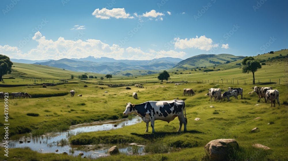 Obraz premium Cows graze in a green field with a cattle farm in the background