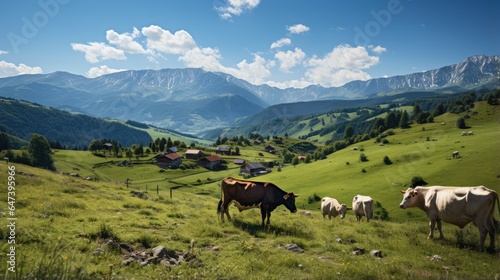 Cows graze in a green field with a cattle farm in the background