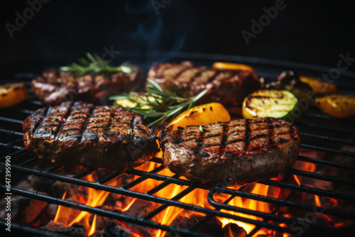 A lively tailgating event with friends grilling steaks outside a sports stadium, creating a vibrant atmosphere of food and camaraderie | ACTORS: Tailgating Steak Party | LOCATION TYPE: Parking Lot | C