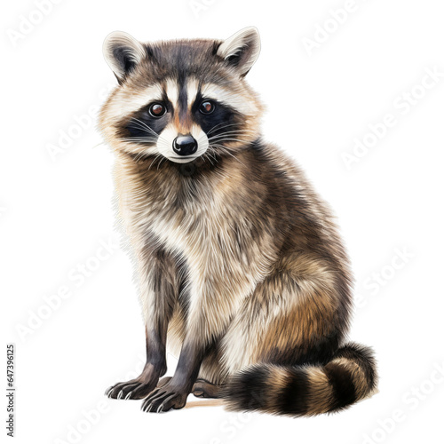 A raccoon sitting down in a charming and peaceful pose © LUPACO PNG