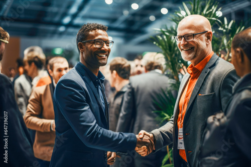 A powerful handshake exchanged at a professional networking event. photo