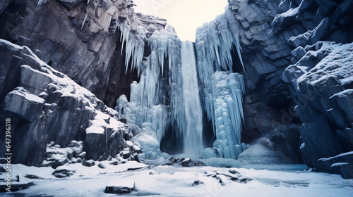 Frozen waterfall cascading down a cliff