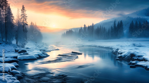Icy river flowing through a winter landscape,