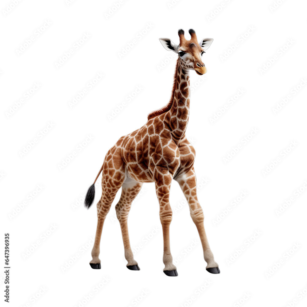 Fototapeta premium A cute little giraffe standing on a clean white surface