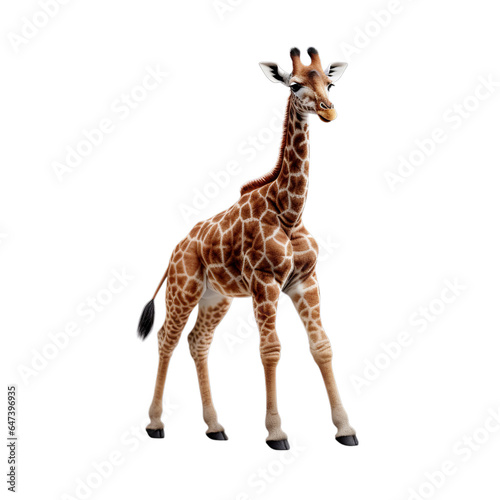 A cute little giraffe standing on a clean white surface