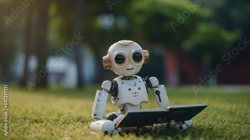 Cute robot in park reading book