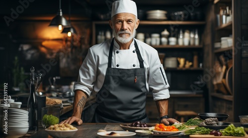 A professional chef in a chef's hat cooks in the kitchen, emotions of pleasure, bright kitchen, concept: the profession of a cook, cooking and food preparation training courses.