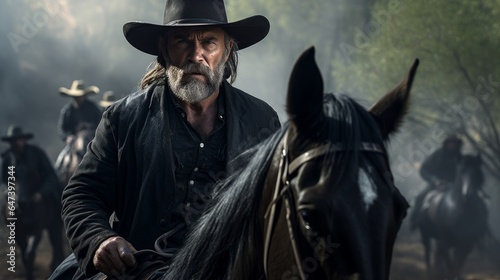 Foto Cowboy man riding a black horse with a gray and black beard and wearing a black