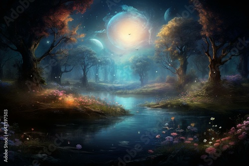 Magical scene with woodland lake, rose garden, butterflies, and a shining moon ray in a mystery blue background. Generative AI © Melisende