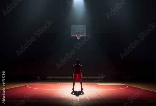 Back view of young male athlete standing in a basketball court in ray of spot light.