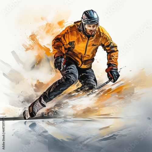 A man is engaged in extreme sports. Illustration of a guy on a skateboard riding at speed, dangerous hobbies. Bright plain background