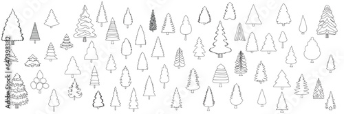 Collection of pine tree in doodle style. Hand drawn fir tree isolated on white background. Outline pine trees. Large set of spruces. Christmas trees in doodle style. Vector illustraiton.