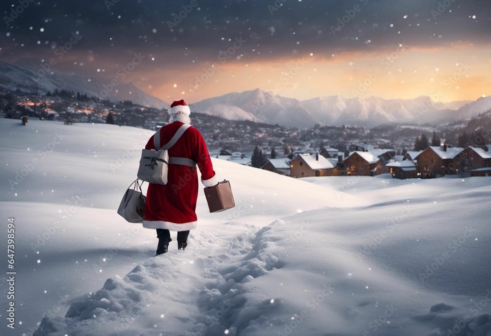 Santa claus carrying gifts to little town on a snowy night Santa claus carrying gifts to little town on a snowy night
