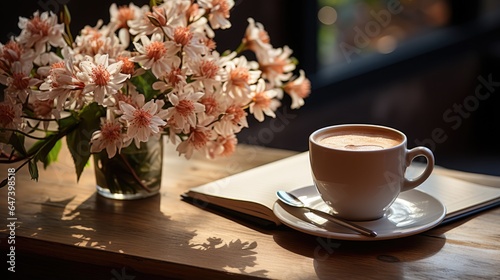 cup of espresso coffee with notebook and pencil on wooden table with vase of flowers