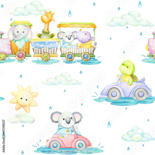 Elephant, giraffe, koala, rhinoceros, turtle, sun, train, car, sun, clouds, umbrella, rain, watercolor seamless pattern, cartoon style, on an isolated background.